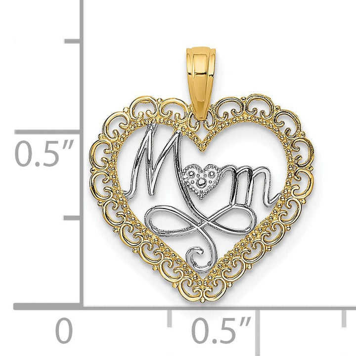 Lovely Rita's Pendants & Charms 14k Yellow Gold, White Rhodium Polished Finish Cut Out MOM in Scallop Heart Fancy Design Charm Pendant