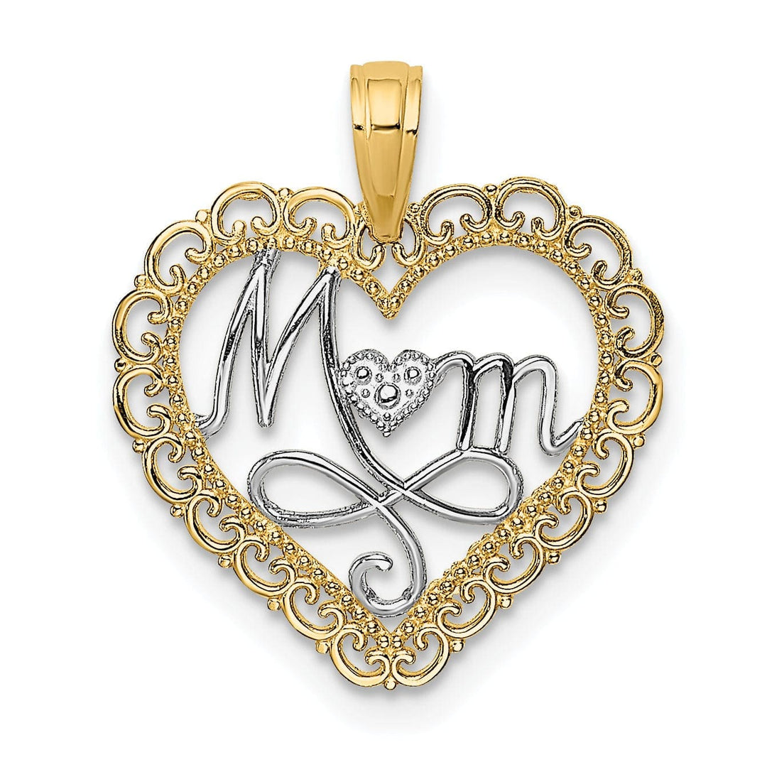 Lovely Rita's Pendants & Charms 14k Yellow Gold, White Rhodium Polished Finish Cut Out MOM in Scallop Heart Fancy Design Charm Pendant