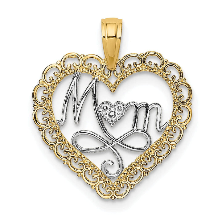 Lovely Rita's Pendants & Charms 14k Yellow Gold, White Rhodium Polished Finish Cut Out MOM in Scallop Heart Fancy Design Charm Pendant