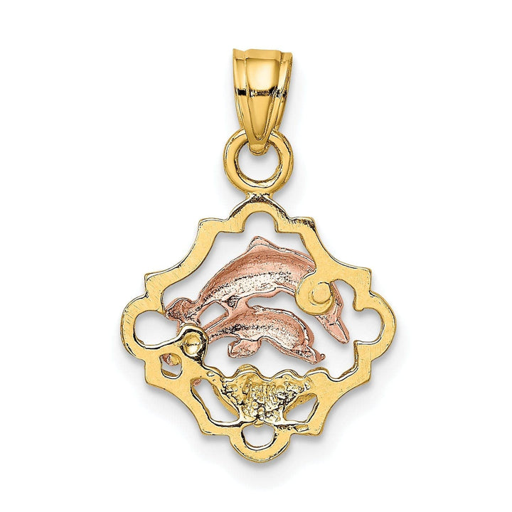 Lovely Rita's Pendants & Charms 14k Yellow Gold White Rhodium Polished Finish Double Dolphins In Frame Design Charm Pendant