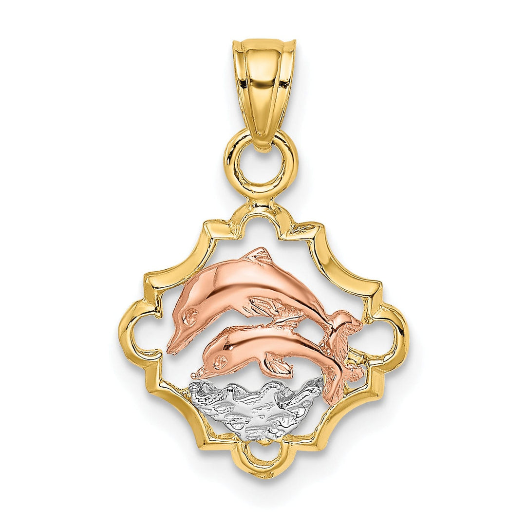 Lovely Rita's Pendants & Charms 14k Yellow Gold White Rhodium Polished Finish Double Dolphins In Frame Design Charm Pendant