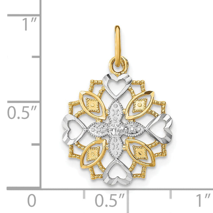 Lovely Rita's Pendants & Charms 14K Yellow Gold, White Rhodium Polished Finish Filgree Center Flower and Heart Design Pendant