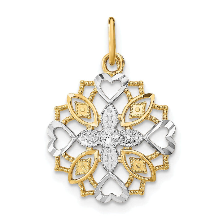 Lovely Rita's Pendants & Charms 14K Yellow Gold, White Rhodium Polished Finish Filgree Center Flower and Heart Design Pendant