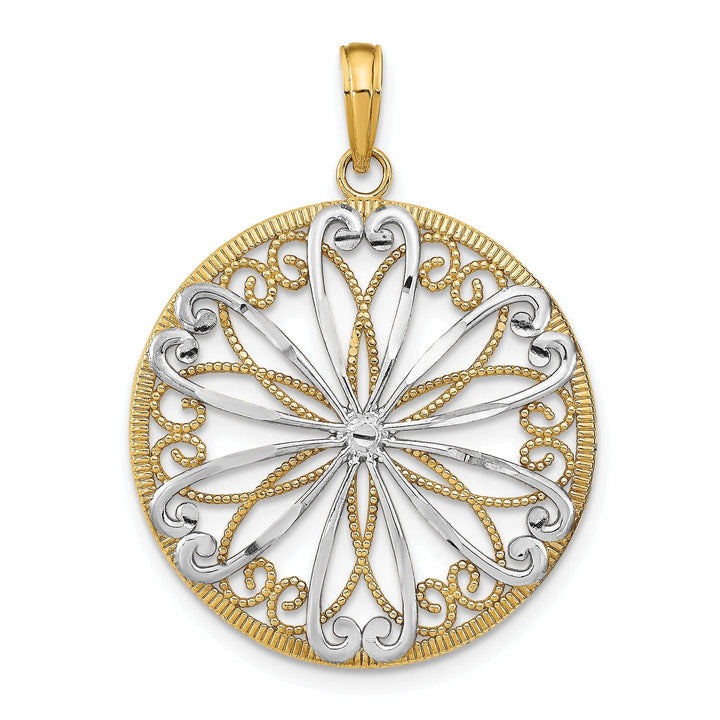 Lovely Rita's Pendants & Charms 14K Yellow Gold, White Rhodium Polished Finish Filigree Beaded Design Center Circle Pendant