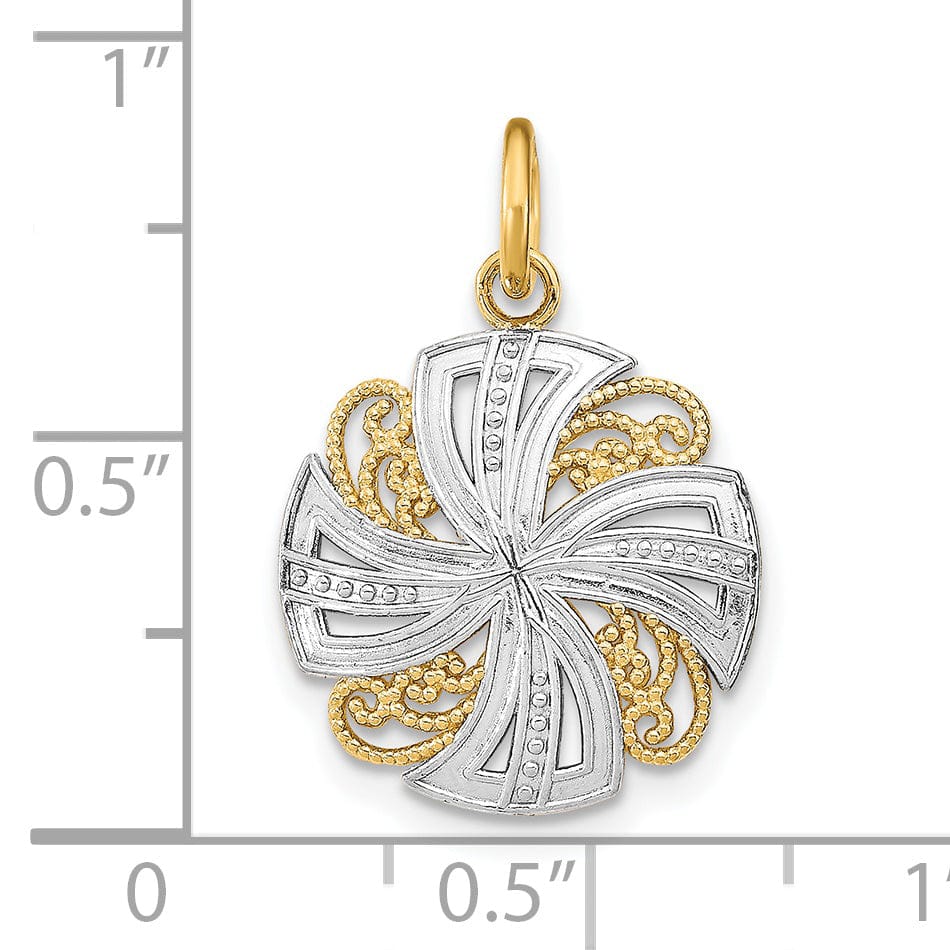 Lovely Rita's Pendants & Charms 14K Yellow Gold, White Rhodium Polished Finish Filigree Beaded Pinwheel Design Medallion Pendant