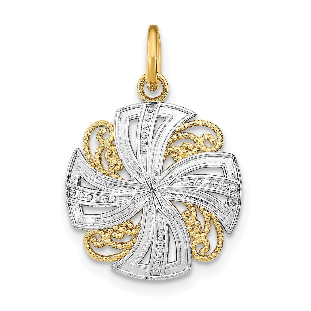 Lovely Rita's Pendants & Charms 14K Yellow Gold, White Rhodium Polished Finish Filigree Beaded Pinwheel Design Medallion Pendant