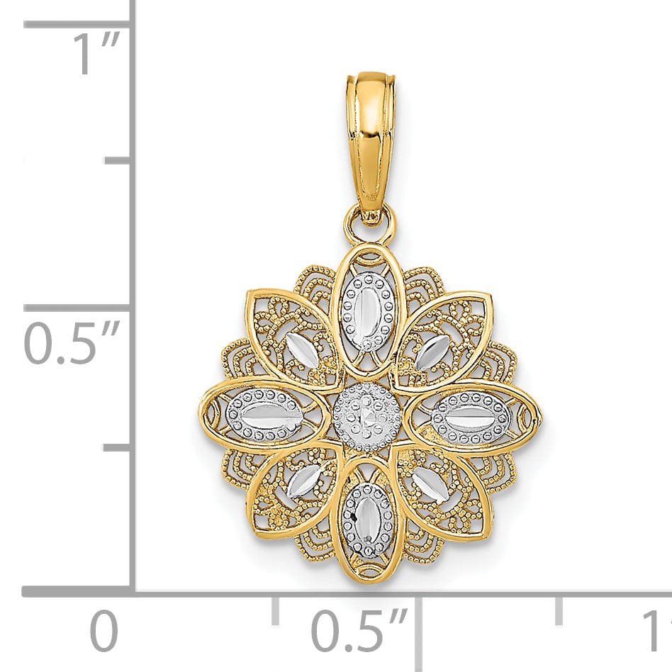 Lovely Rita's Pendants & Charms 14K Yellow Gold, White Rhodium Polished Finish Filigree Flower Design Pendant