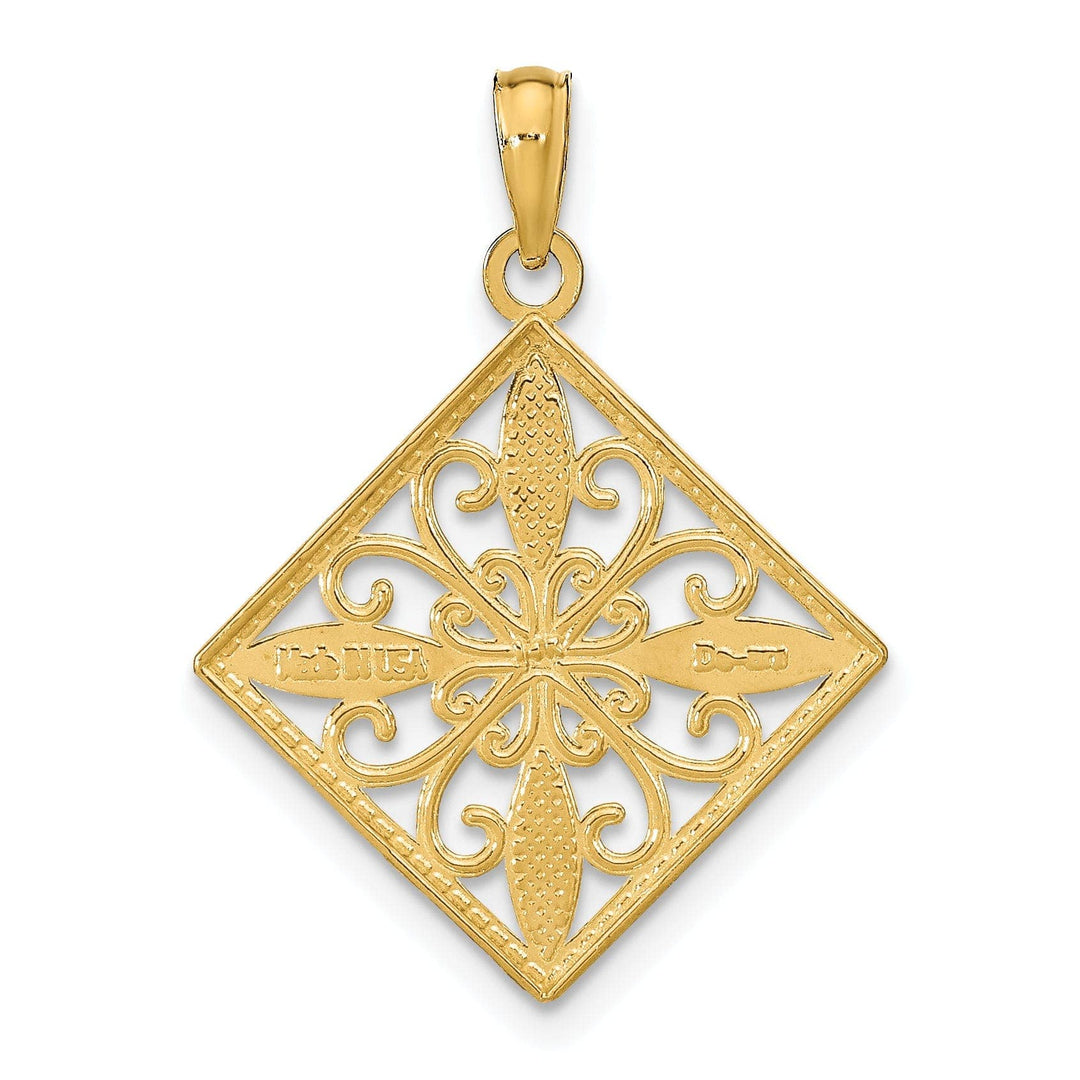 Lovely Rita's Pendants & Charms 14K Yellow Gold, White Rhodium Polished Finish  Filigree Flower in Cross Square Design Pendant