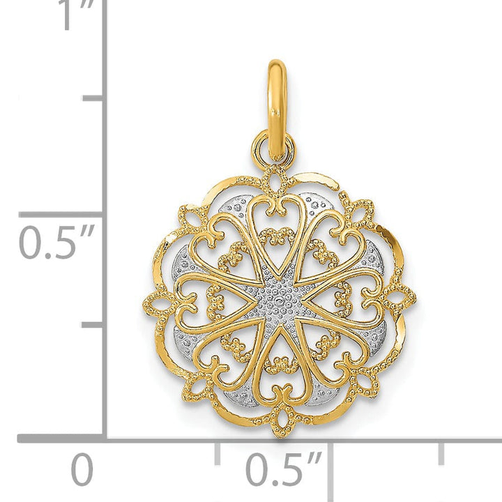 Lovely Rita's Pendants & Charms 14K Yellow Gold, White Rhodium Polished Finish Filigree Heart Fancy Design Circle Pendant