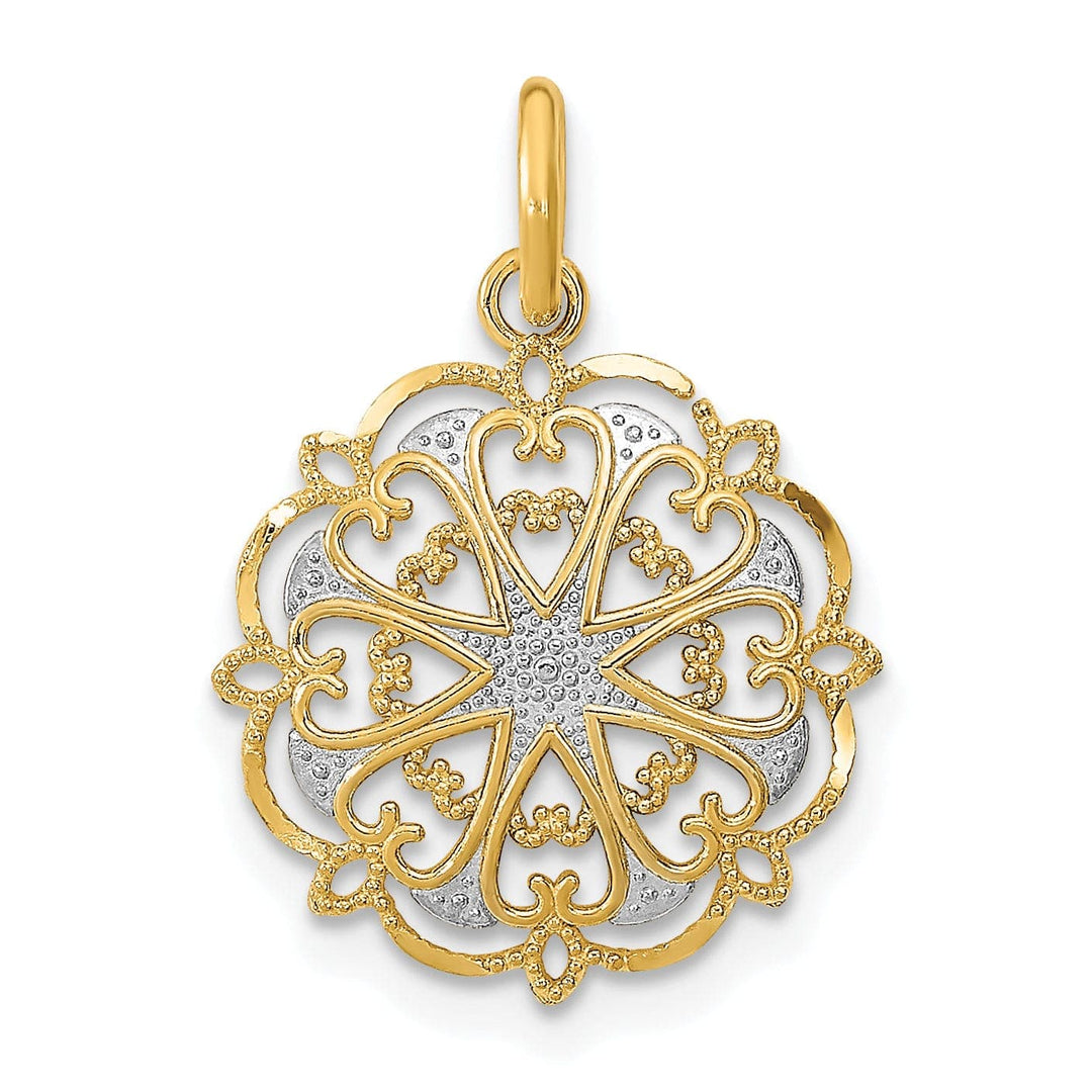 Lovely Rita's Pendants & Charms 14K Yellow Gold, White Rhodium Polished Finish Filigree Heart Fancy Design Circle Pendant