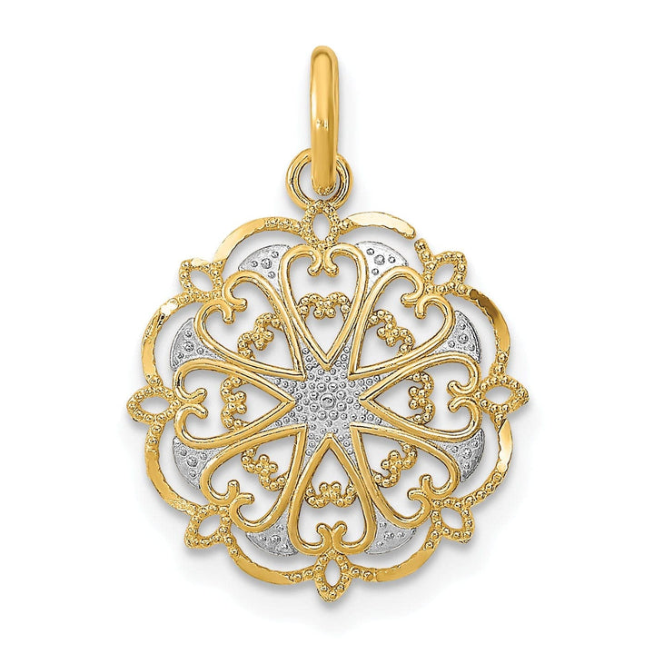 Lovely Rita's Pendants & Charms 14K Yellow Gold, White Rhodium Polished Finish Filigree Heart Fancy Design Circle Pendant
