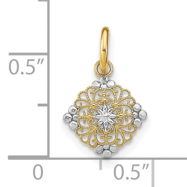 Lovely Rita's Pendants & Charms 14K Yellow Gold, White Rhodium Polished Finish Mini Filigree Beaded Design Medallion Pendant