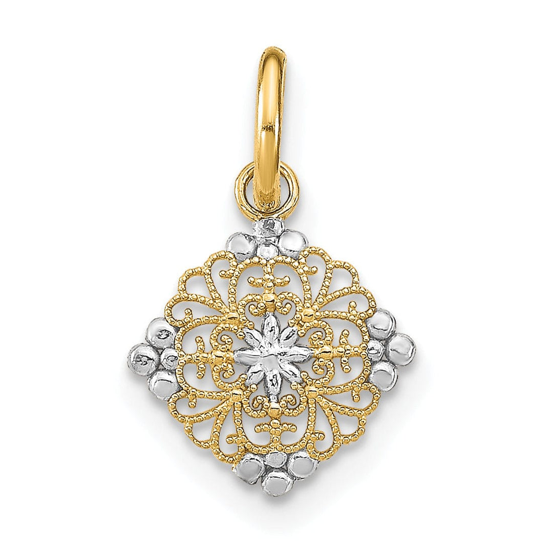 Lovely Rita's Pendants & Charms 14K Yellow Gold, White Rhodium Polished Finish Mini Filigree Beaded Design Medallion Pendant