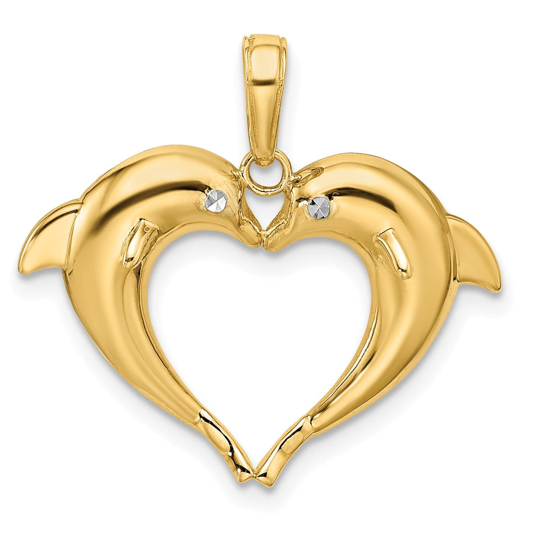 Lovely Rita's Pendants & Charms 14k Yellow Gold White Rhodium Polished Finish Semi Solid Double Dolphin Heart Design Charm Pendant