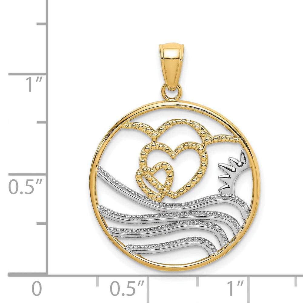 Lovely Rita's Pendants & Charms 14k Yellow Gold, White Rhodium Polished Finish Sun, Hearts ,Water in Circle Design Charm Pendant