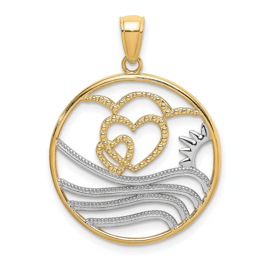 Lovely Rita's Pendants & Charms 14k Yellow Gold, White Rhodium Polished Finish Sun, Hearts ,Water in Circle Design Charm Pendant