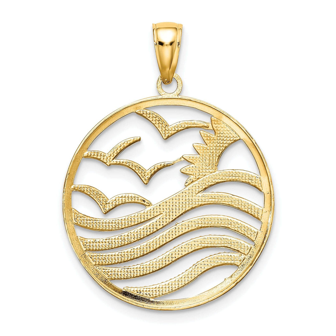 Lovely Rita's Pendants & Charms 14k Yellow Gold, White Rhodium Polished Finish Sunset and Seagulls In Circle Design Charm Pendant