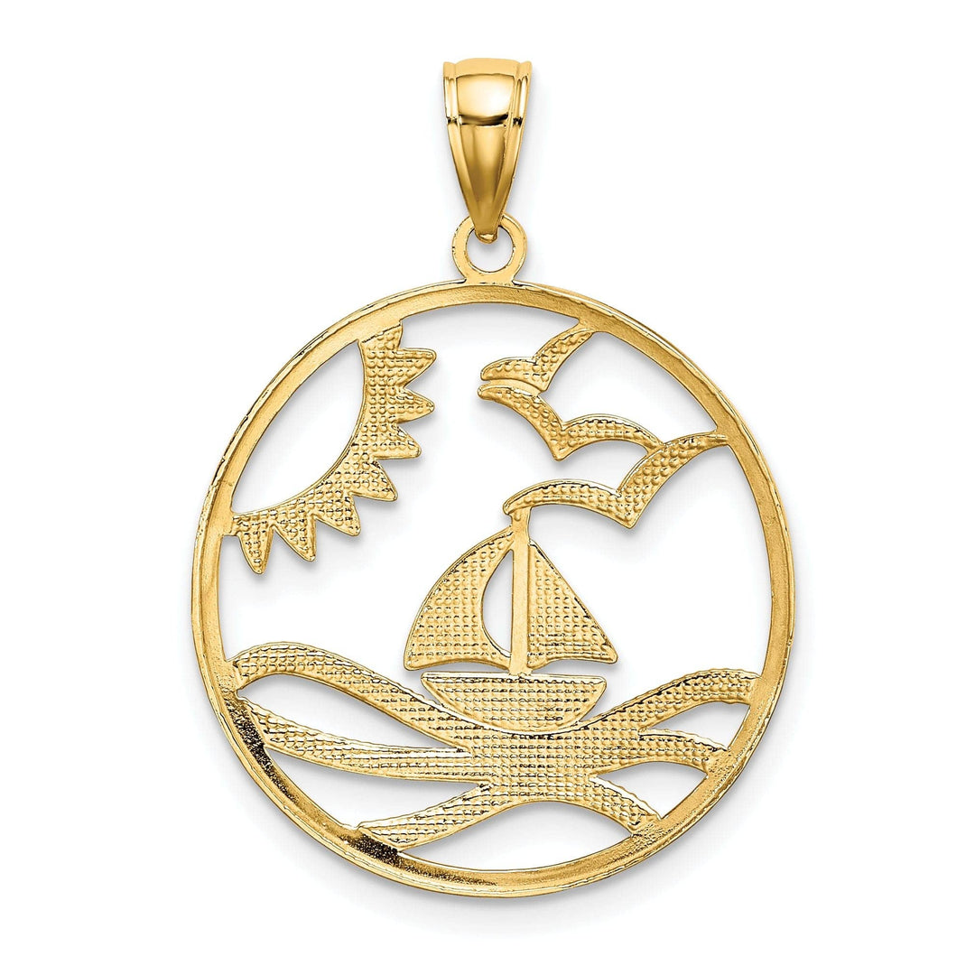 Lovely Rita's Pendants & Charms 14k Yellow Gold, White Rhodium Polished Finish with Sun Sailboat Water and Seagulls Circle Design Charm Pendant