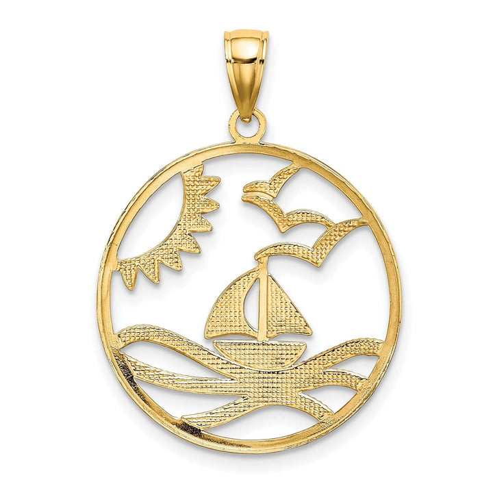 Lovely Rita's Pendants & Charms 14k Yellow Gold, White Rhodium Polished Finish with Sun Sailboat Water and Seagulls Circle Design Charm Pendant