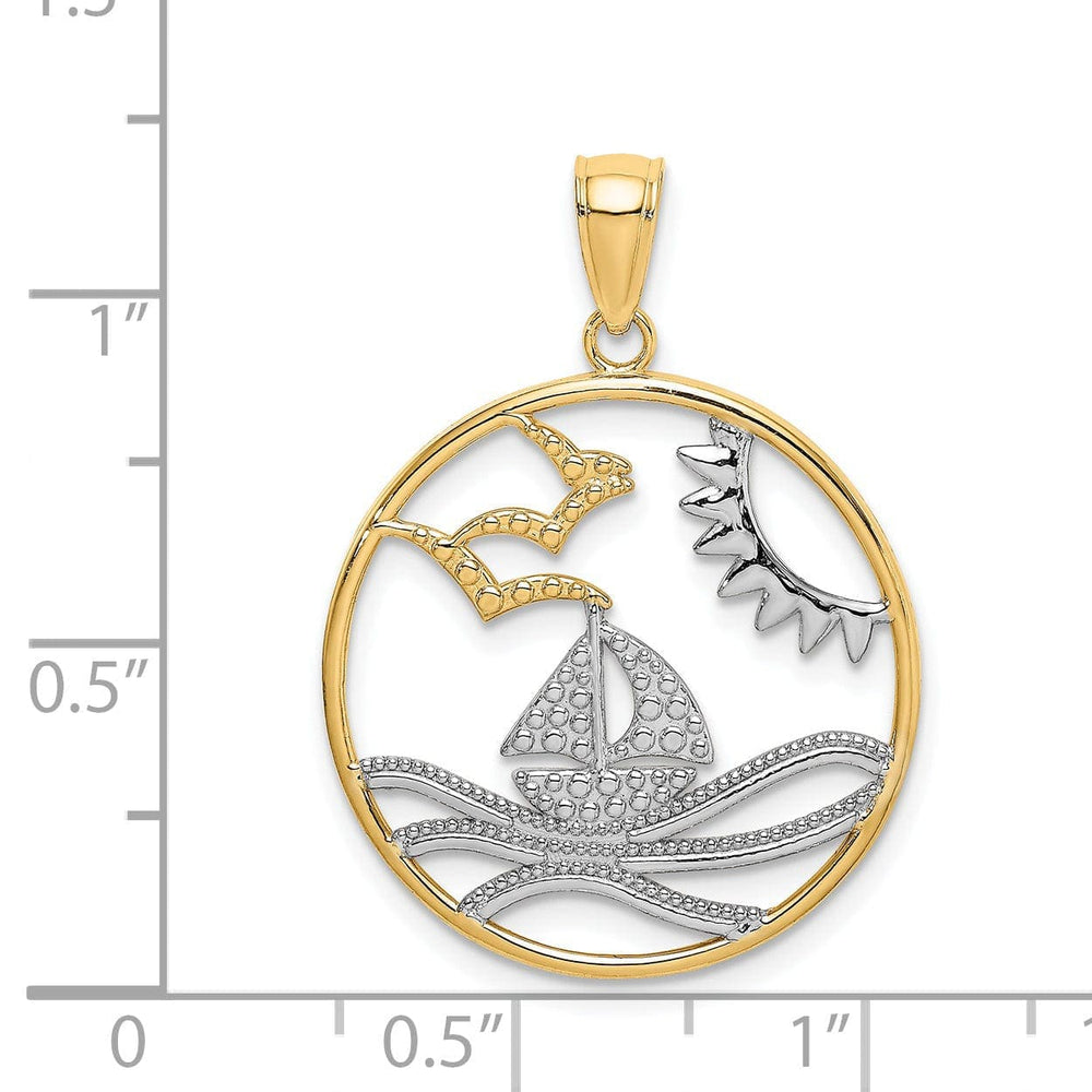 Lovely Rita's Pendants & Charms 14k Yellow Gold, White Rhodium Polished Finish with Sun Sailboat Water and Seagulls Circle Design Charm Pendant