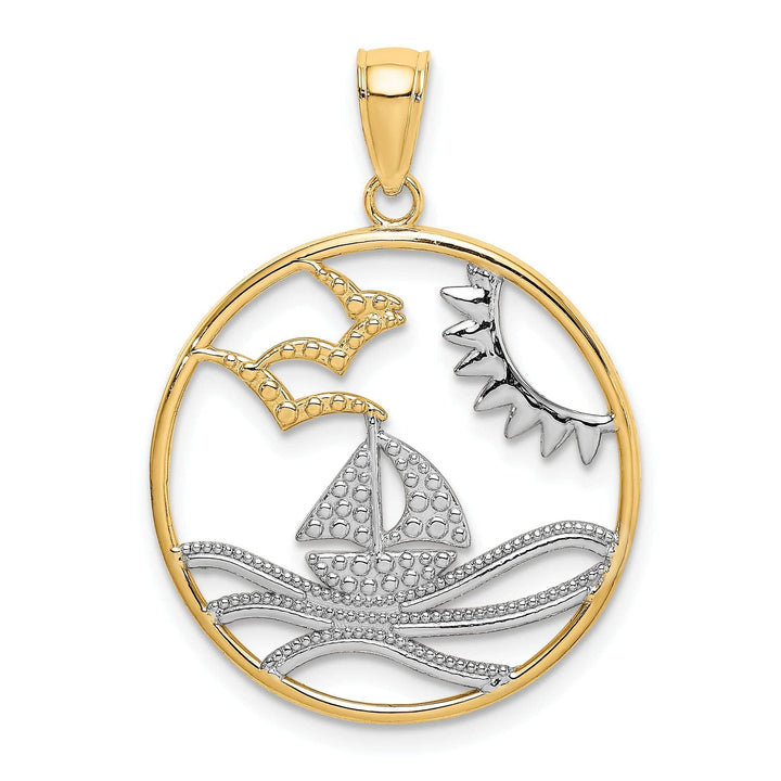 Lovely Rita's Pendants & Charms 14k Yellow Gold, White Rhodium Polished Finish with Sun Sailboat Water and Seagulls Circle Design Charm Pendant