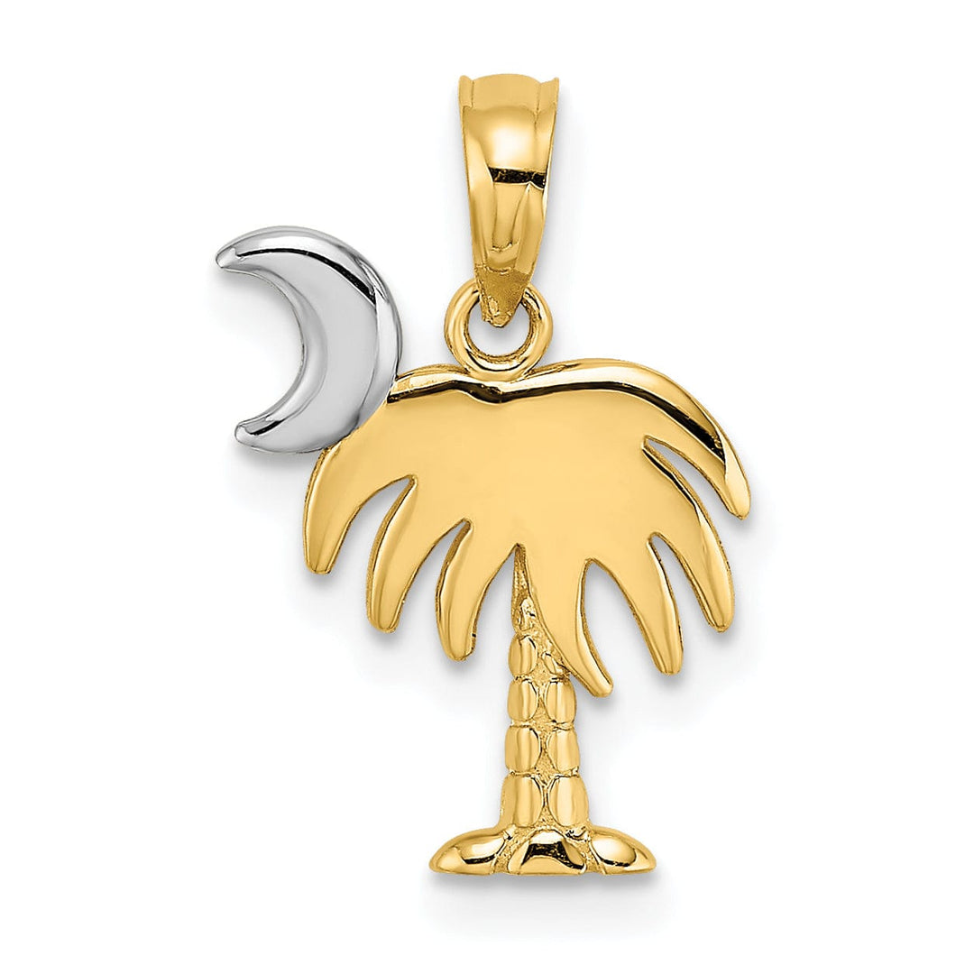 Lovely Rita's Pendants & Charms 14K Yellow Gold, White Rhodium Polished Finished Concave Shape Charelston Palm Tree with Moon Charm Pendant