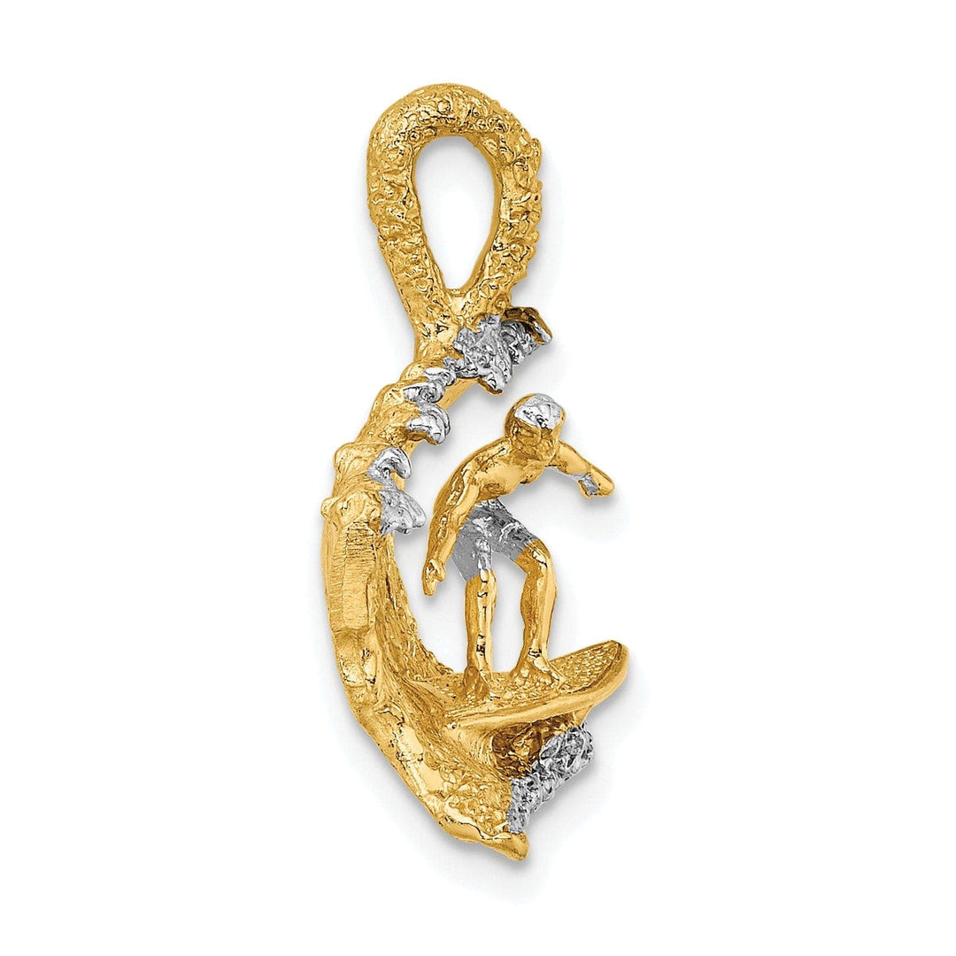 Lovely Rita's Pendants & Charms 14K Yellow Gold, White Rhodium Polished Texture Finish 3-Dimensional Surfer In Wave Design Charm Pendant
