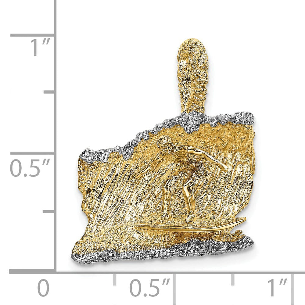 Lovely Rita's Pendants & Charms 14K Yellow Gold, White Rhodium Polished Texture Finish 3-Dimensional Surfer In Wave Design Charm Pendant