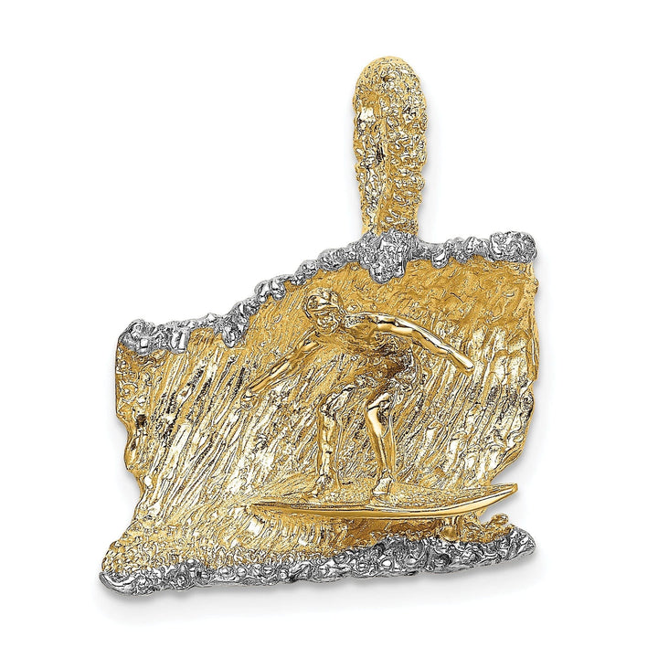 Lovely Rita's Pendants & Charms 14K Yellow Gold, White Rhodium Polished Texture Finish 3-Dimensional Surfer In Wave Design Charm Pendant