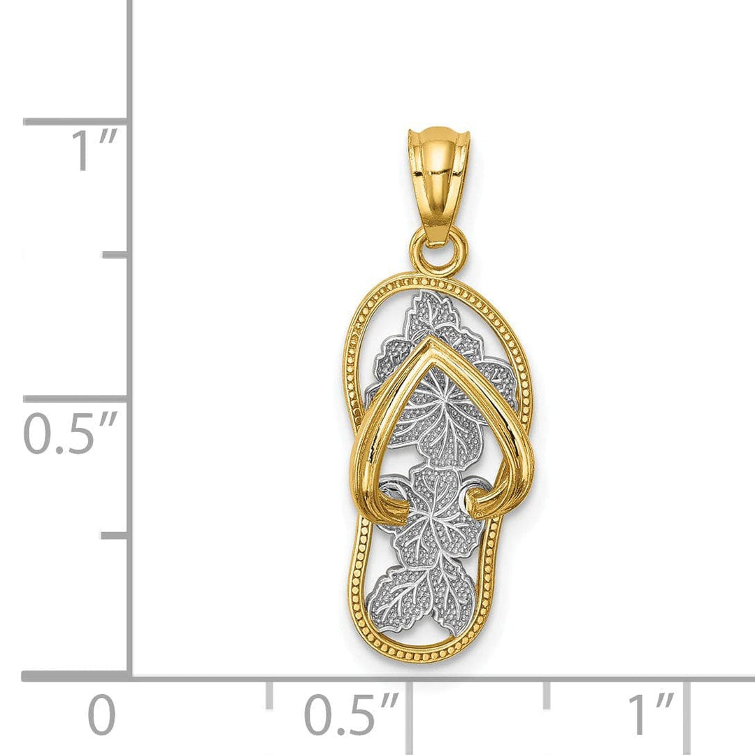 Lovely Rita's Pendants & Charms 14k Yellow Gold, White Rhodium Polished Textured Finish Floral Design Single Flip Flop Sandle Charm Pendant