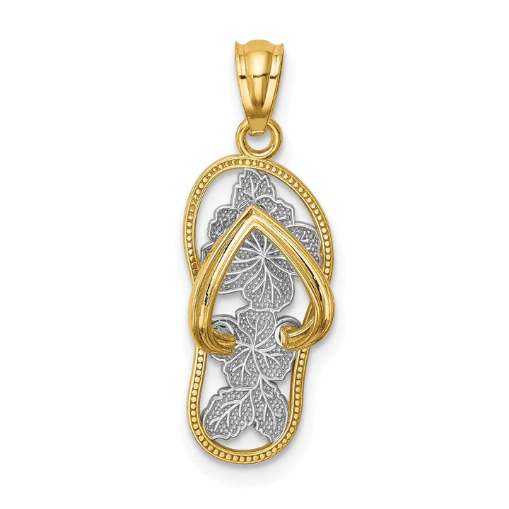 Lovely Rita's Pendants & Charms 14k Yellow Gold, White Rhodium Polished Textured Finish Floral Design Single Flip Flop Sandle Charm Pendant