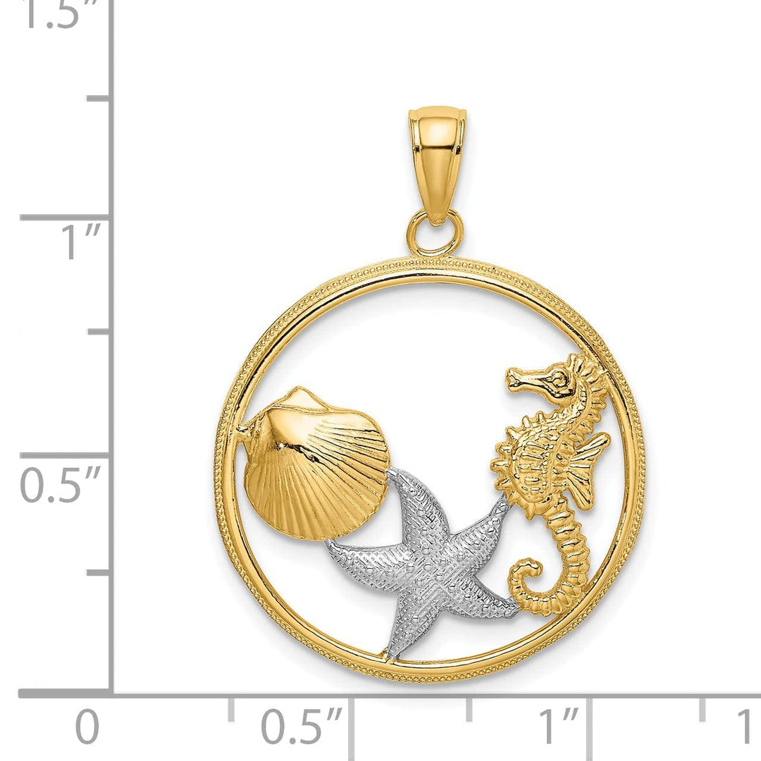 Lovely Rita's Pendants & Charms 14k Yellow Gold White Rhodium Polished Textured Finish Scallop, Starfish, Seahorse Circle Design Charm Pendant