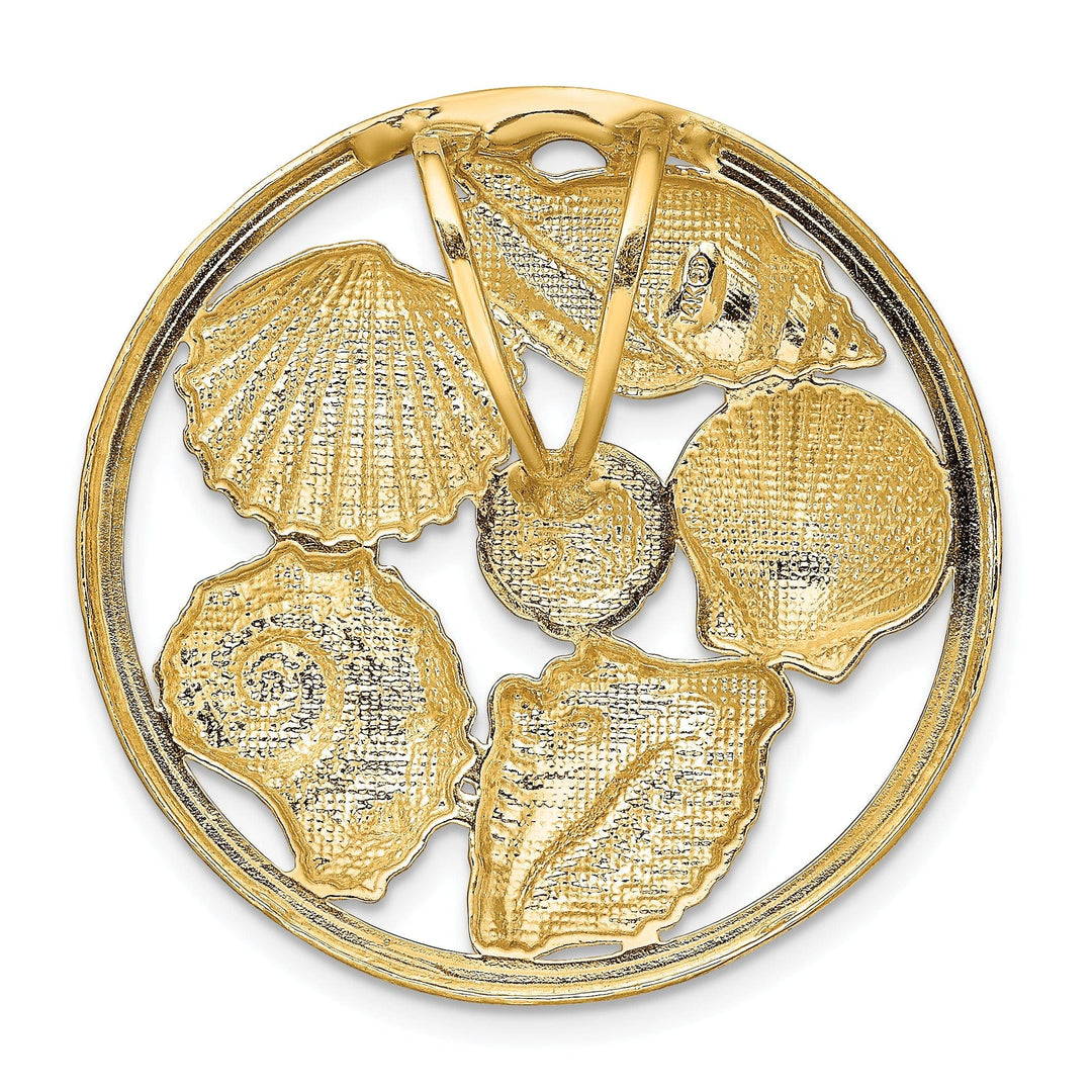 Lovely Rita's Pendants & Charms 14K Yellow Gold White Rhodium Soild Textured Polished Finish Shell Cluster in Circle Design Slide Pendant Fits up to 8mm Fancy Omega Chain