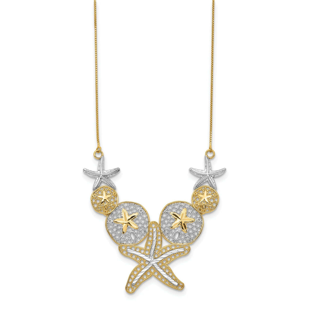 Lovely Rita's Pendants & Charms 14k Yellow Gold, White Rhodium Solid Diamond Cut Finish Fancy Starfish and Sand Dollar Pendant Design in a 18-inch Box Chain Necklace Set