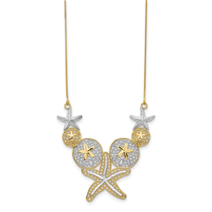 Lovely Rita's Pendants & Charms 14k Yellow Gold, White Rhodium Solid Diamond Cut Finish Fancy Starfish and Sand Dollar Pendant Design in a 18-inch Box Chain Necklace Set