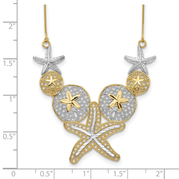 Lovely Rita's Pendants & Charms 14k Yellow Gold, White Rhodium Solid Diamond Cut Finish Fancy Starfish and Sand Dollar Pendant Design in a 18-inch Box Chain Necklace Set