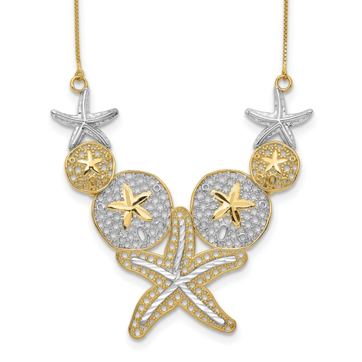 Lovely Rita's Pendants & Charms 14k Yellow Gold, White Rhodium Solid Diamond Cut Finish Fancy Starfish and Sand Dollar Pendant Design in a 18-inch Box Chain Necklace Set