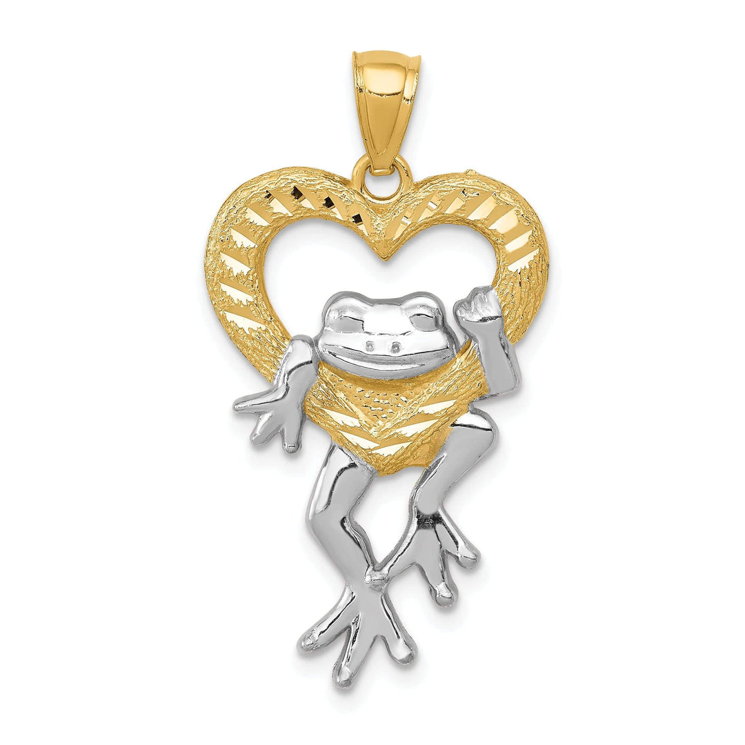 Lovely Rita's Pendants & Charms 14k Yellow Gold White Rhodium Solid Diamond Cut Finish Frog in Heart Design Charm Pendant