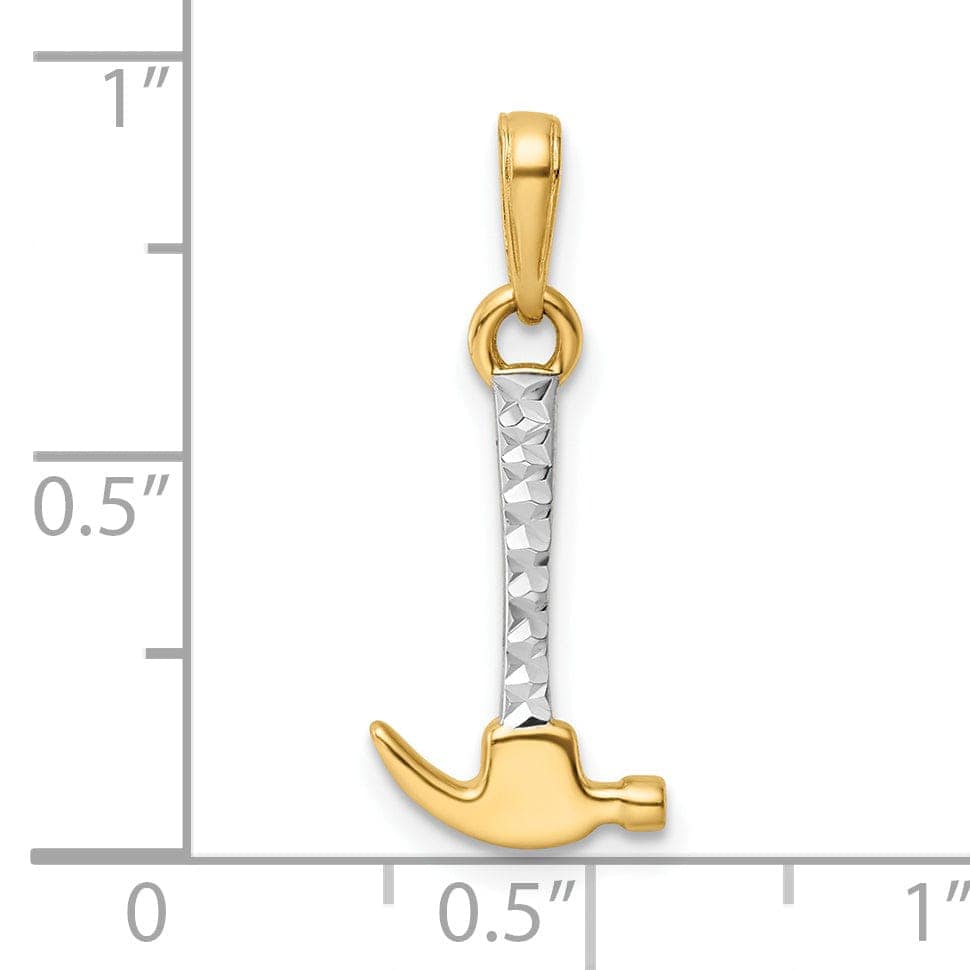 Lovely Rita's Pendants & Charms 14k Yellow Gold, White Rhodium Solid Diamond Cut Polished Finish 3-Dimensional Carpenter Hammer Charm Pendant