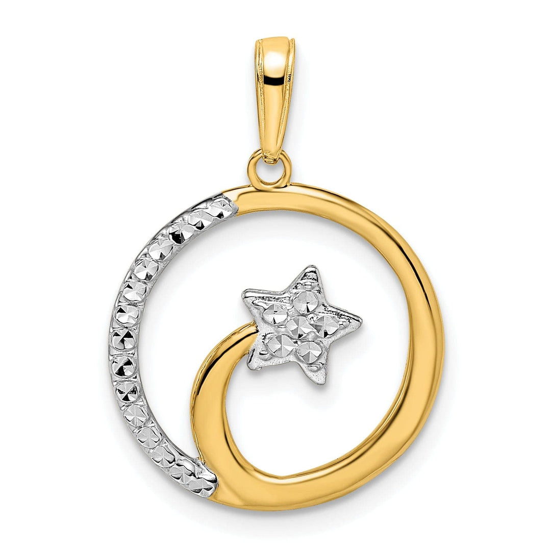 Lovely Rita's Pendants & Charms 14k Yellow Gold & White Rhodium Solid Flat Back Diamond Cut Polished Finish Circle Design with Shooting Star Charm Pendant