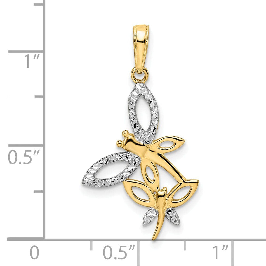 Lovely Rita's Pendants & Charms 14k Yellow Gold White Rhodium Solid Flat Back Diamond Cut Polished Finish Two Dragonflies Design Charm Pendant