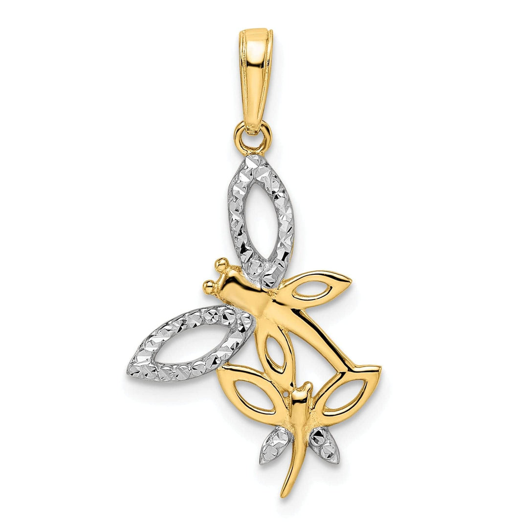 Lovely Rita's Pendants & Charms 14k Yellow Gold White Rhodium Solid Flat Back Diamond Cut Polished Finish Two Dragonflies Design Charm Pendant