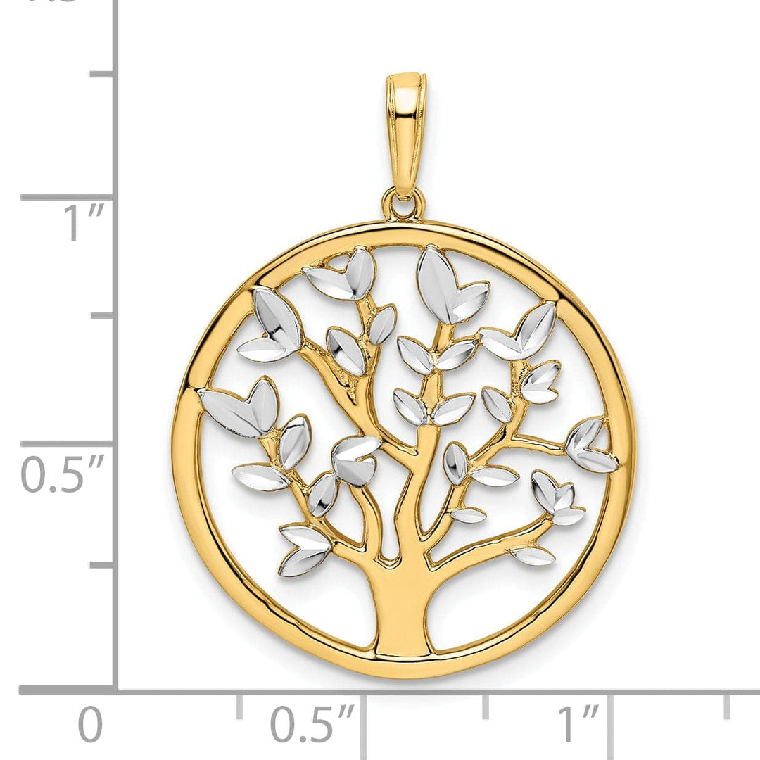 Lovely Rita's Pendants & Charms 14k Yellow Gold White Rhodium Solid Flat Back Polished Diamond Cut Finish Round Shape Tree of Life Charm Pendant