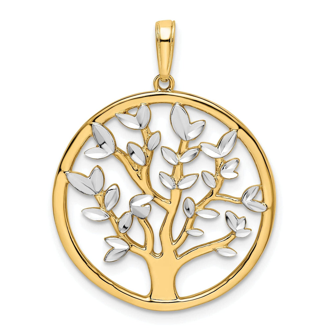 Lovely Rita's Pendants & Charms 14k Yellow Gold White Rhodium Solid Flat Back Polished Diamond Cut Finish Round Shape Tree of Life Charm Pendant