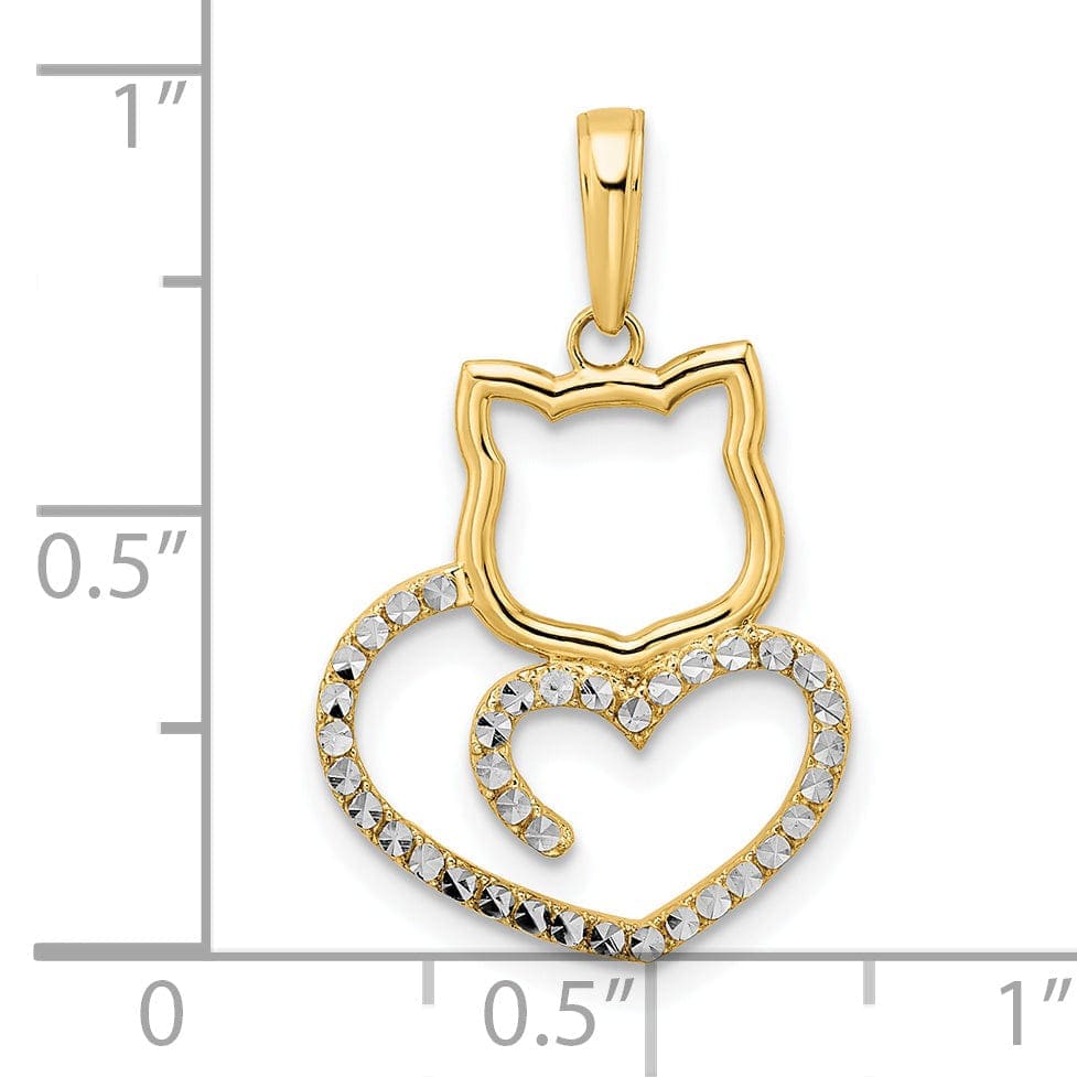 Lovely Rita's Pendants & Charms 14k Yellow Gold White Rhodium Solid Flat Back Unisex Diamond Cut Polished Finish Cat Heart Design Charm Pendant
