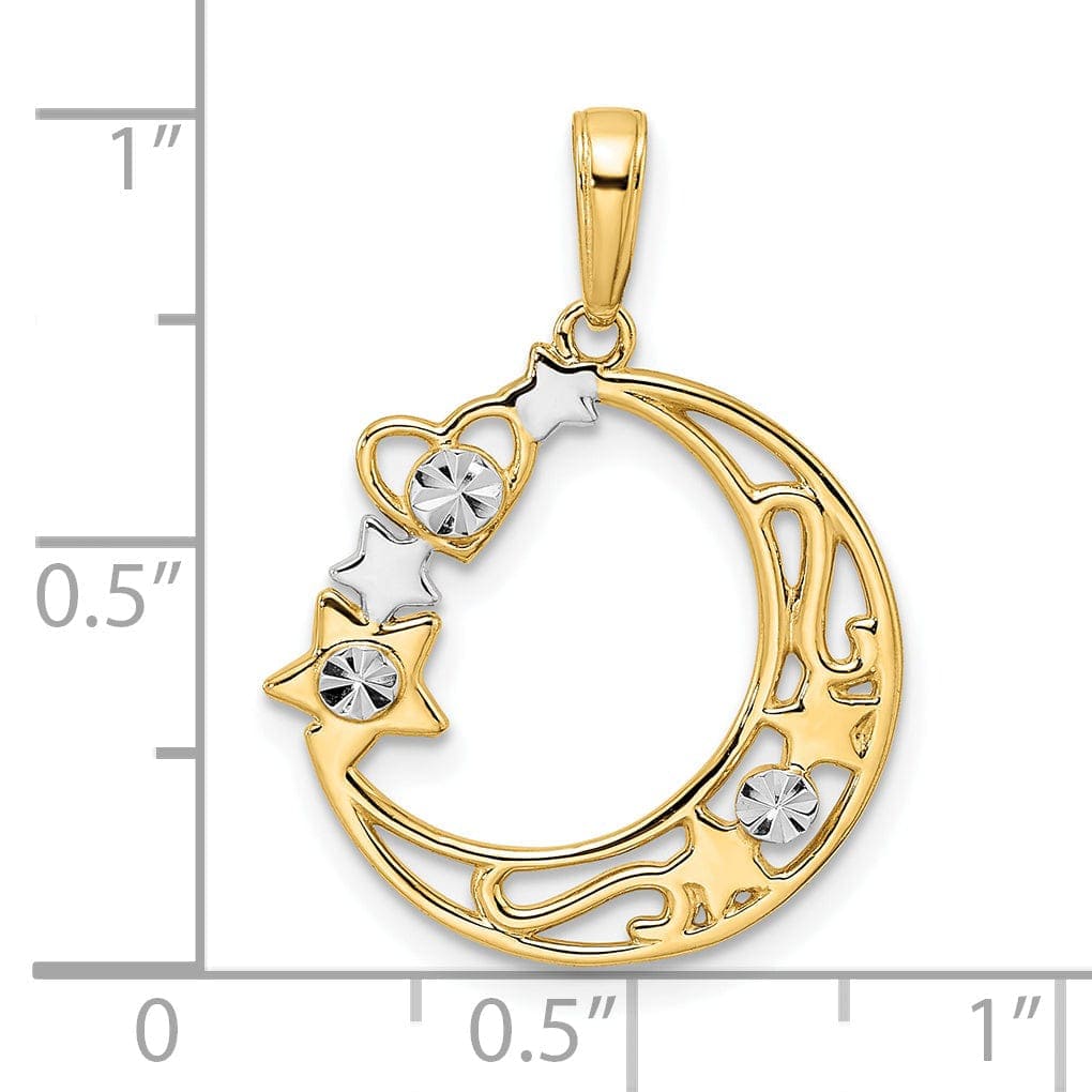 Lovely Rita's Pendants & Charms 14k Yellow Gold White Rhodium Solid Open Back Diamond Cut Polished Finish Heart, Star & Moon Charm Pendant
