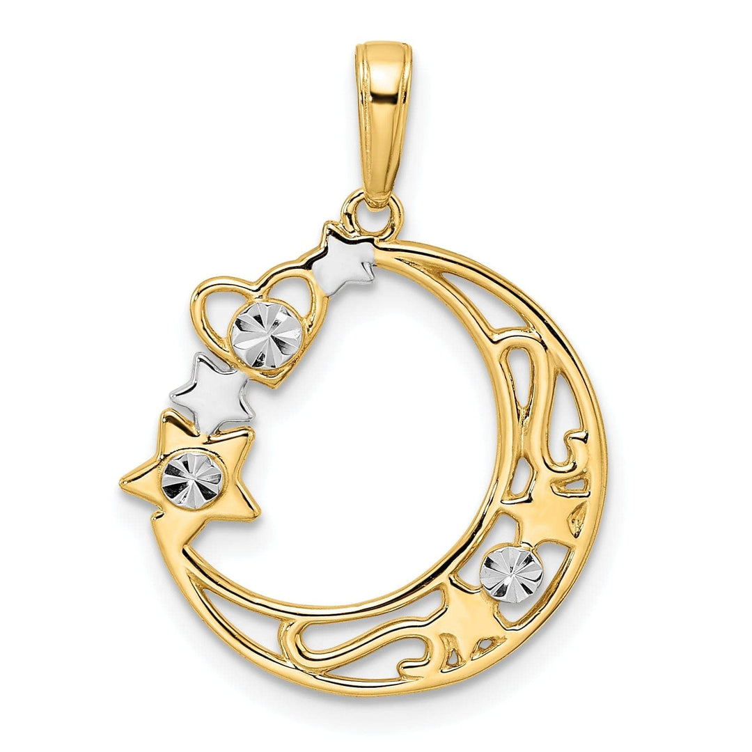 Lovely Rita's Pendants & Charms 14k Yellow Gold White Rhodium Solid Open Back Diamond Cut Polished Finish Heart, Star & Moon Charm Pendant