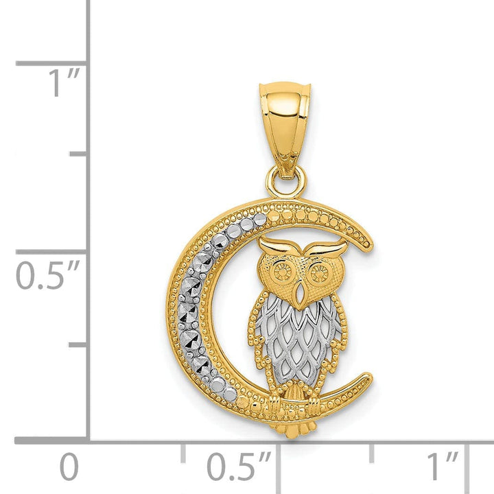 Lovely Rita's Pendants & Charms 14K Yellow Gold White Rhodium Solid Open Back Diamond Cut Polished Finish Owl on the Moon Charm Pendant
