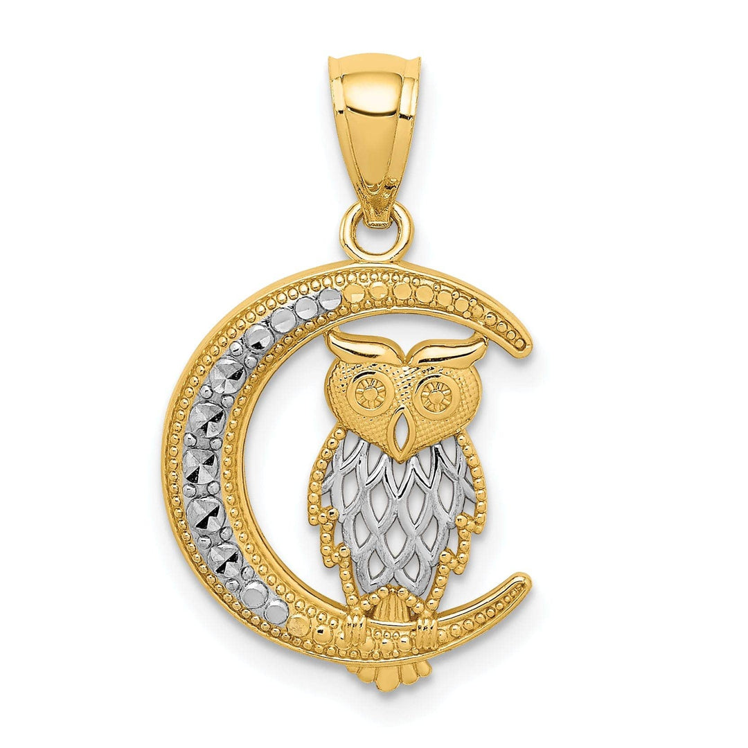 Lovely Rita's Pendants & Charms 14K Yellow Gold White Rhodium Solid Open Back Diamond Cut Polished Finish Owl on the Moon Charm Pendant