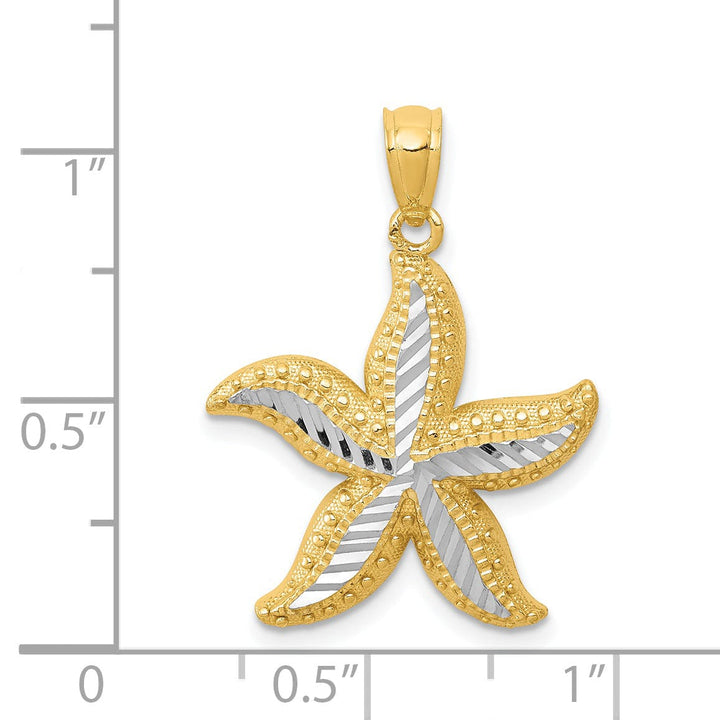 Lovely Rita's Pendants & Charms 14K Yellow Gold, White Rhodium Solid Open Back Diamond Cut Texture Polished Finish Starfish Charm Pendant